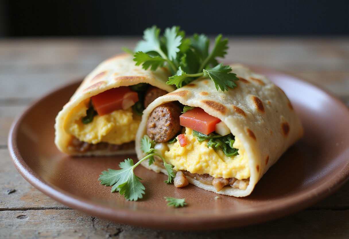 A delicious high protein breakfast burrito cut in half, showcasing nutritious filling on a rustic wooden table.
