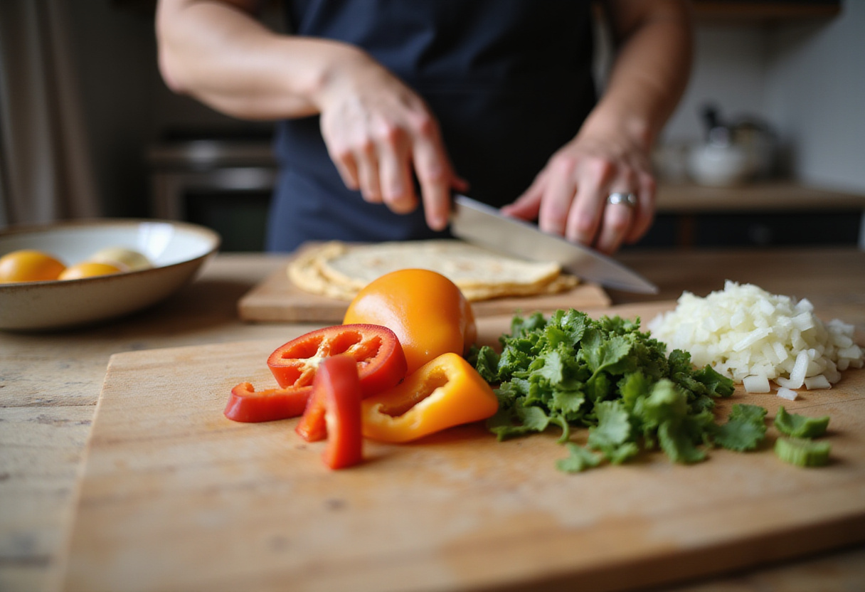 Preparing ingredients for high protein breakfast burritos with chopped bell peppers and onions on a cutting board.