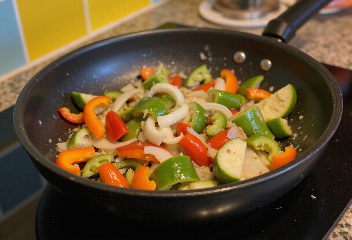 Cooking colorful bell peppers and onions in a skillet for nutritious breakfast burritos.