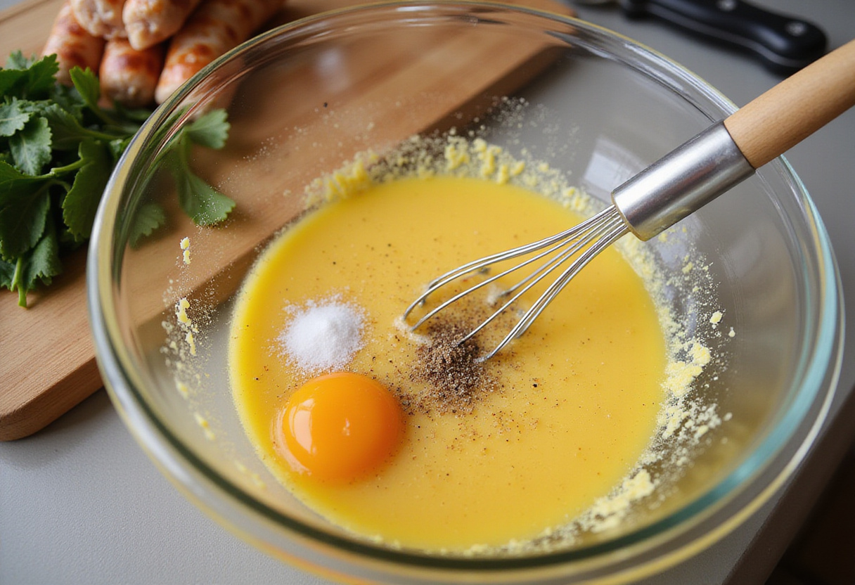 Whisking eggs for high-protein breakfast burritos with fresh ingredients like spinach and turkey sausage nearby.