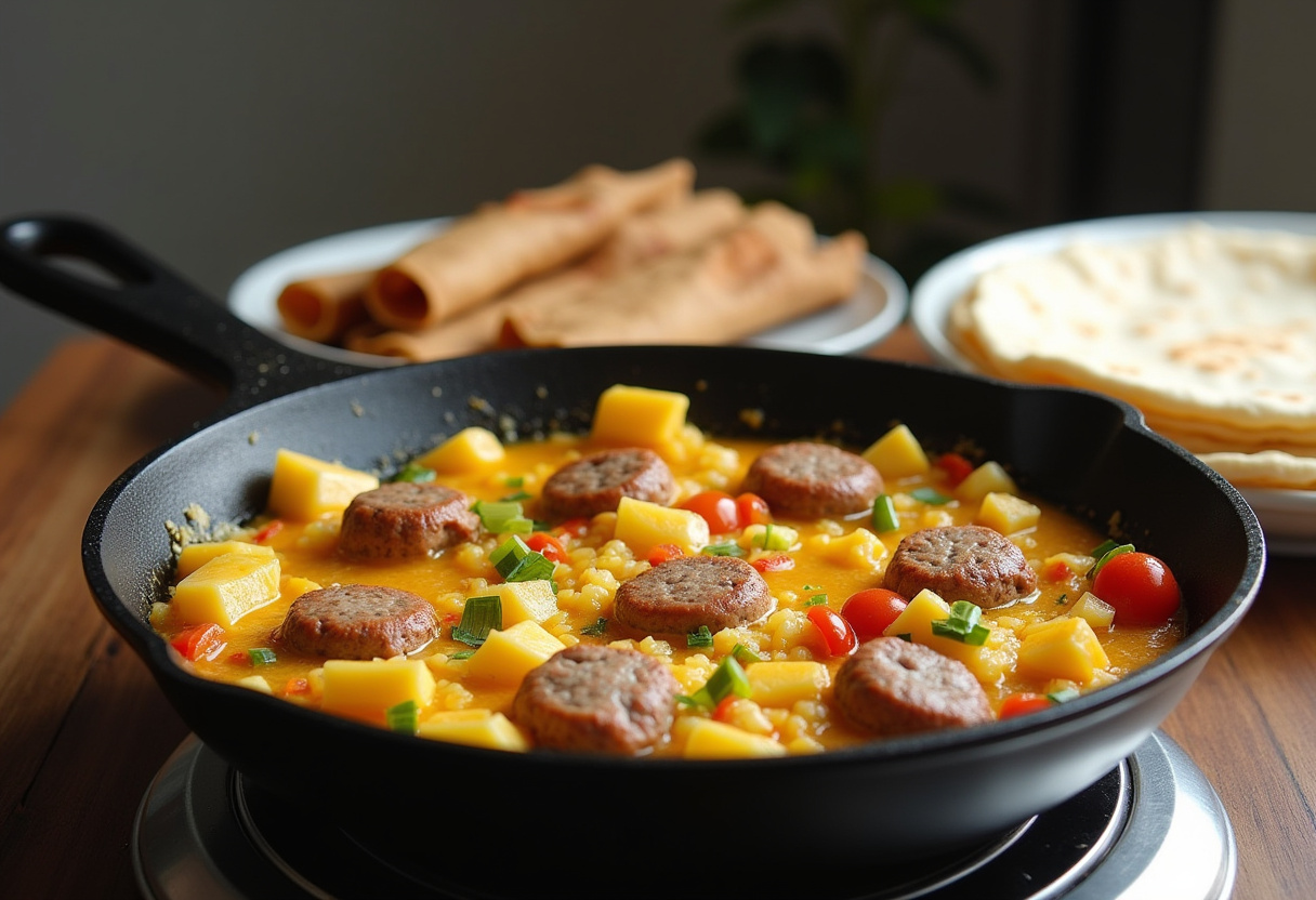 Filling tortillas with a high protein mixture of eggs, vegetables, and turkey sausage for breakfast burritos.