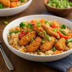 Final presentation of High Protein Crispy Garlic Chicken Fried Rice Bowl with crispy chicken and vegetables, highlighting the dish's appeal.