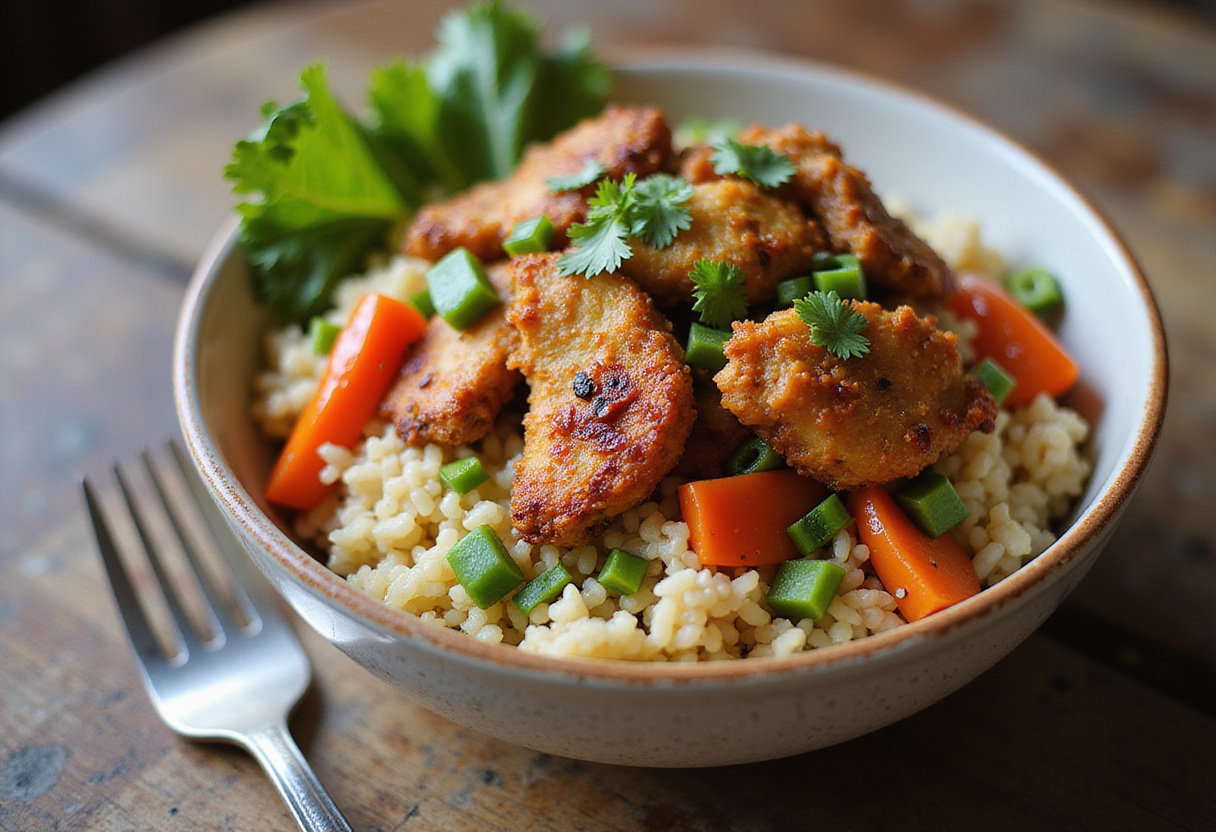 Final presentation of High Protein Crispy Garlic Chicken Fried Rice Bowl with crispy chicken and vegetables, highlighting the dish's appeal.