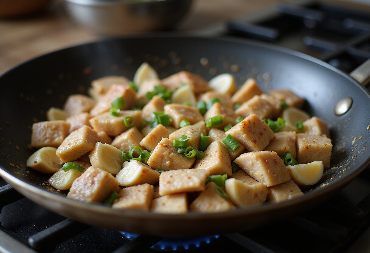 High Protein Crispy Garlic Chicken Fried Rice Bowl ingredients including diced chicken, garlic, and green onions on a frying pan.