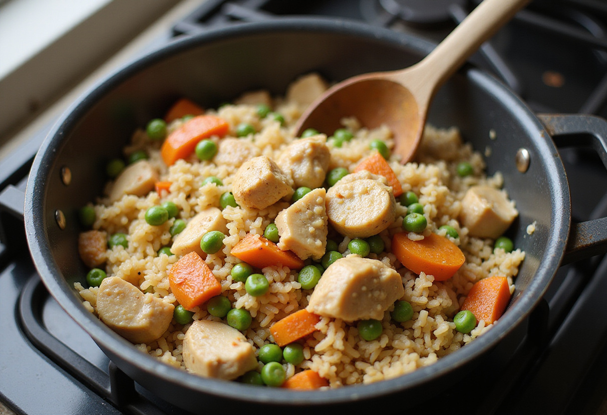 Cooking process of High Protein Crispy Garlic Chicken Fried Rice Bowl featuring blending of cooked rice with crispy chicken and colorful vegetables.