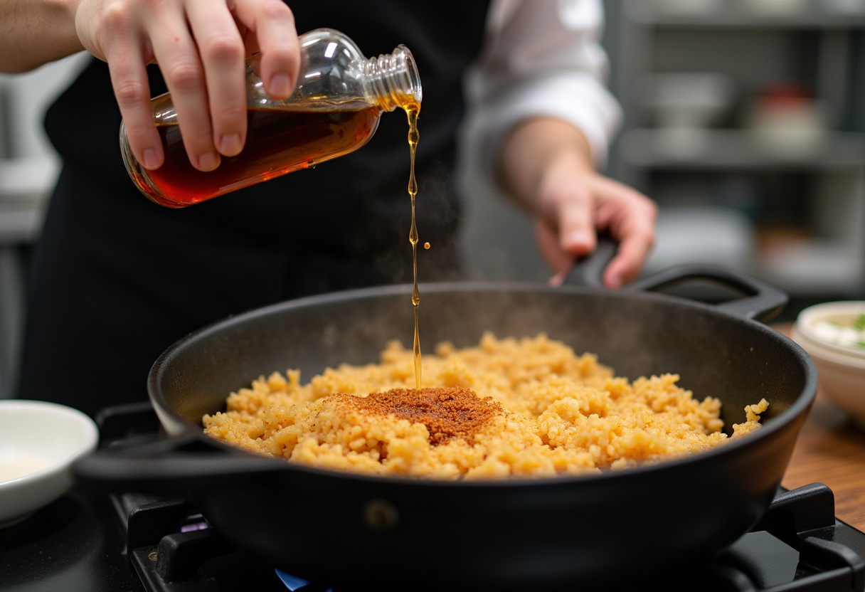 Adding flavor to High Protein Crispy Garlic Chicken Fried Rice Bowl with soy sauce and sesame oil during cooking stage.