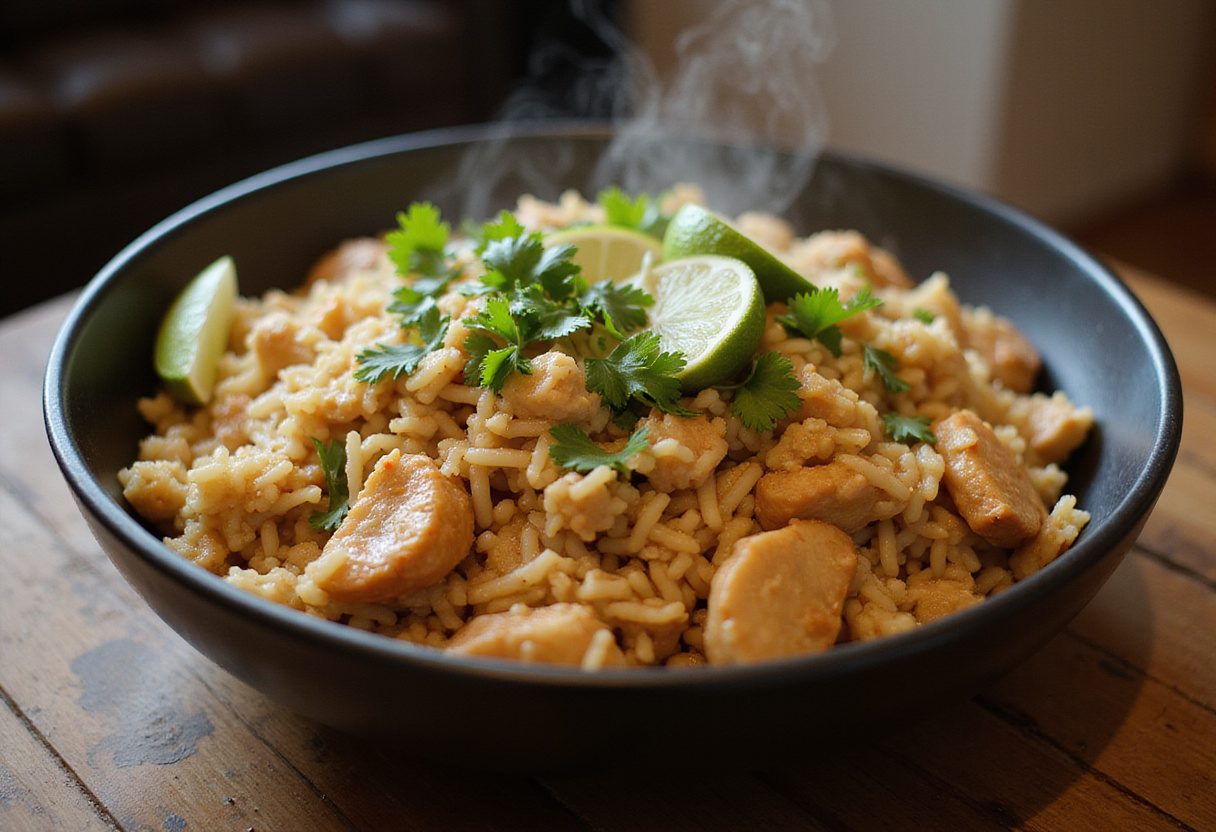 Delicious finished High Protein Crispy Garlic Chicken Fried Rice Bowl garnished with herbs and lime, ready to serve.
