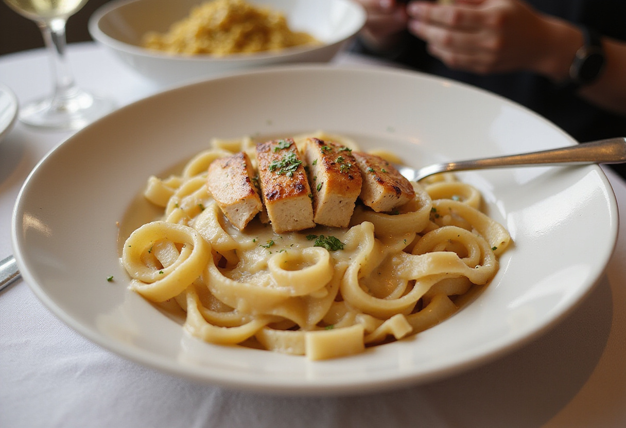 Final presentation of High Protein Grilled Chicken Alfredo Pasta, an appetizing and nutritious dish ready to be enjoyed.