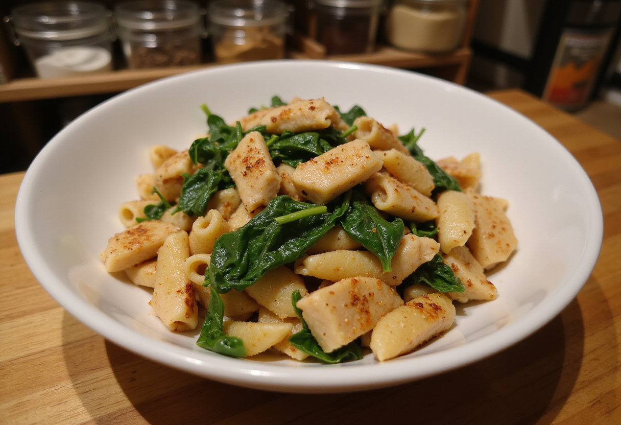 High Protein Grilled Chicken Alfredo Pasta ingredients, featuring grilled chicken, whole wheat pasta, and fresh spinach for a healthy meal.