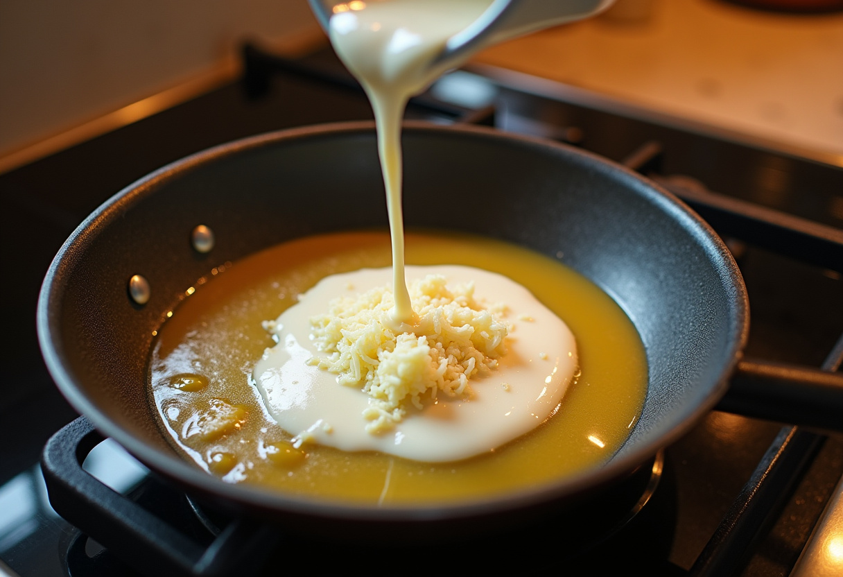 Making creamy Alfredo sauce for High Protein Grilled Chicken Alfredo Pasta with cream, garlic, and Parmesan cheese in a frying pan.