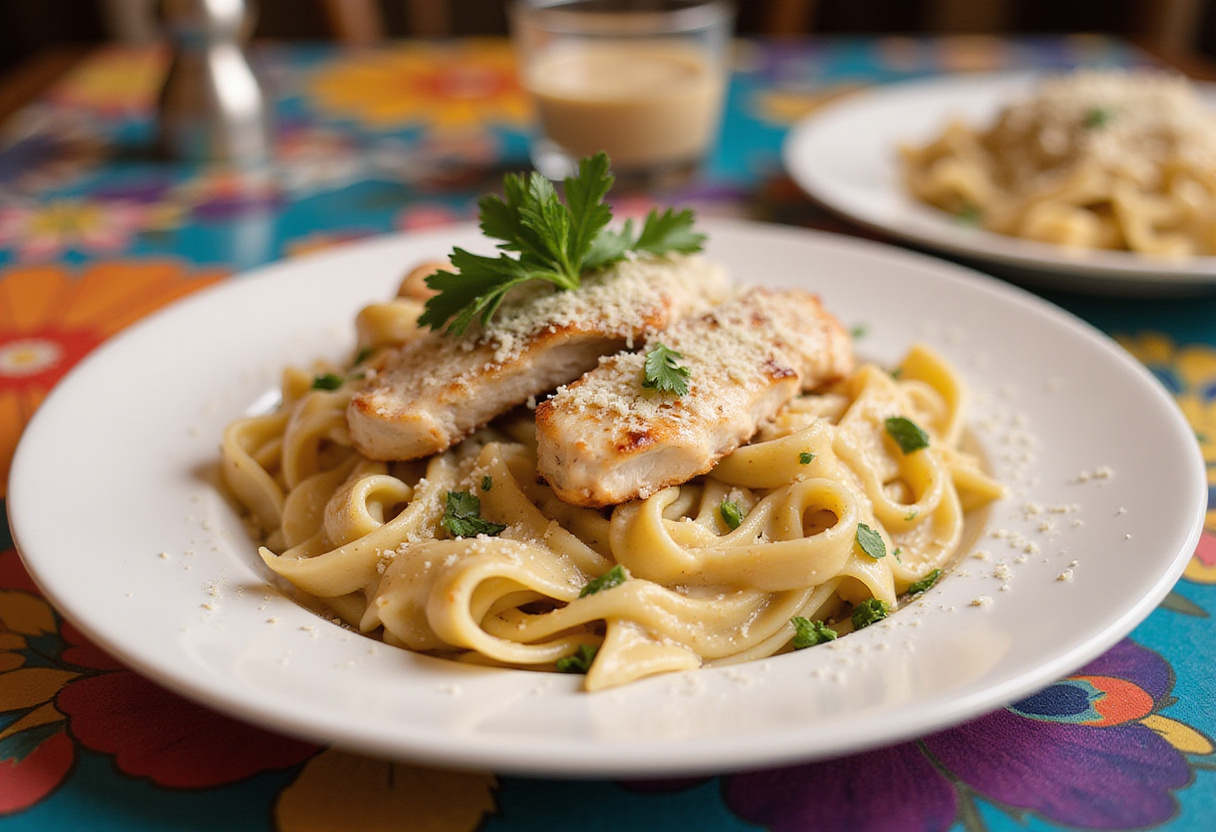 Serving of High Protein Grilled Chicken Alfredo Pasta, topped with parsley and Parmesan cheese, showing a delicious pasta dish.