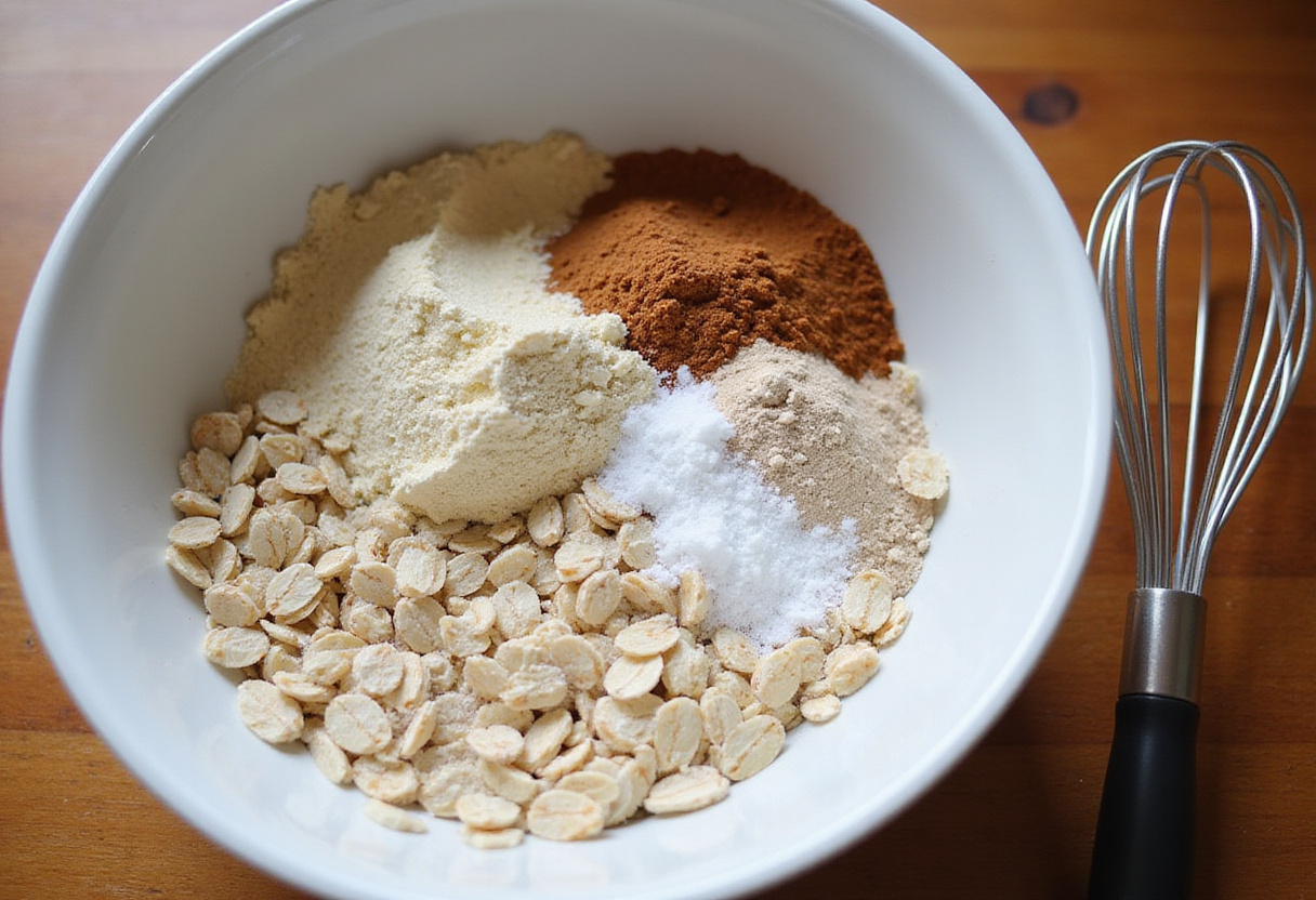 High-Protein Pancakes ingredients like oats, protein powder and baking powder are arranged in a bowl for a healthy breakfast recipe.