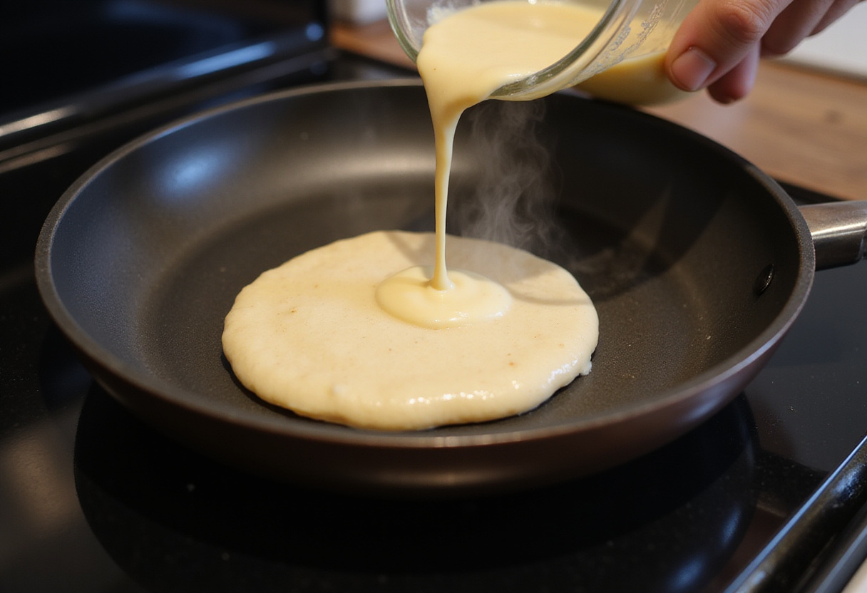 Cooking High-Protein Pancakes in a non-stick skillet, demonstrating the pancake-making process on a stovetop.
