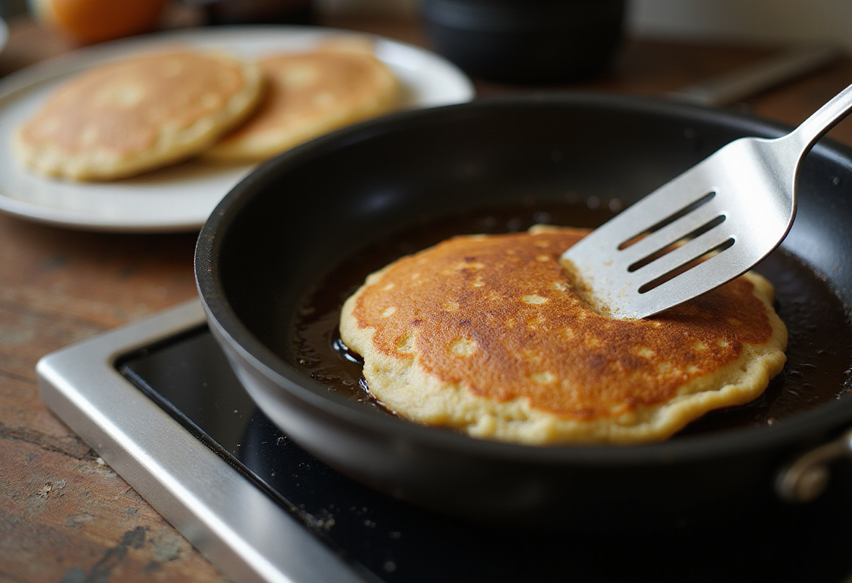 Flipping golden-brown High-Protein Pancakes on a skillet, depicting the delicious cooking technique in a kitchen setting.