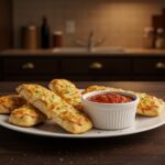 Delicious homemade cheesy breadsticks served with marinara dip, perfect for appetizers or snacks.