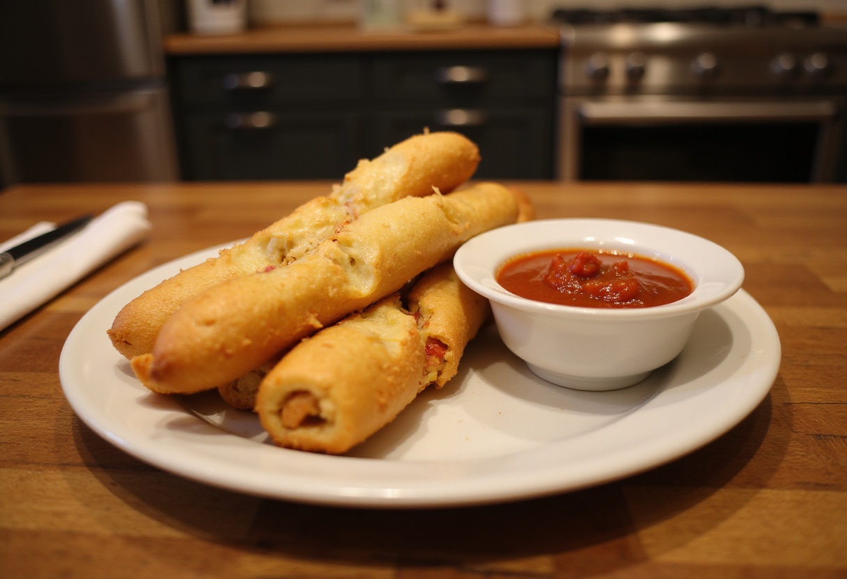 Delicious homemade cheesy breadsticks served with marinara dip, perfect for appetizers or snacks.