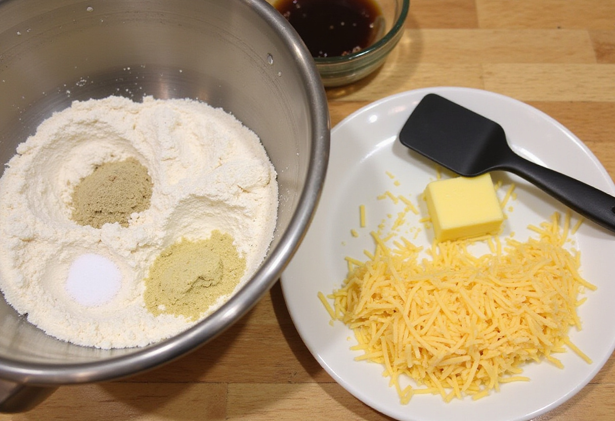 Mixing dry ingredients for homemade cheesy breadsticks with cheese and garlic flavor.