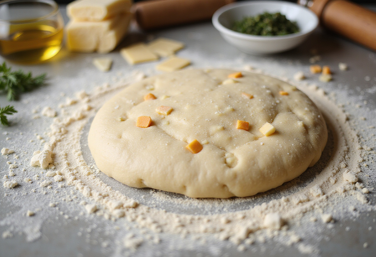 Kneading dough for cheesy breadsticks, showcasing the use of flour and cheese in preparation.