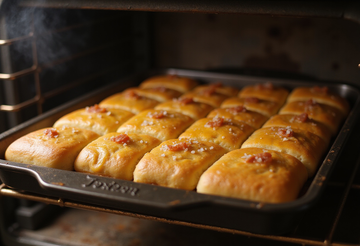 Freshly baked homemade cheesy breadsticks golden brown and topped with sea salt ready to enjoy.