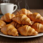 Final presentation of homemade flaky croissants, golden and flaky, ideal for breakfast or brunch, paired with coffee for a delightful experience.