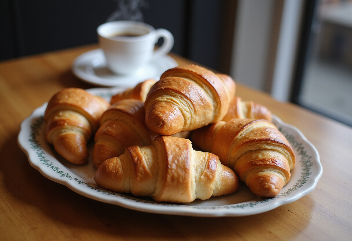 Final presentation of homemade flaky croissants, golden and flaky, ideal for breakfast or brunch, paired with coffee for a delightful experience.