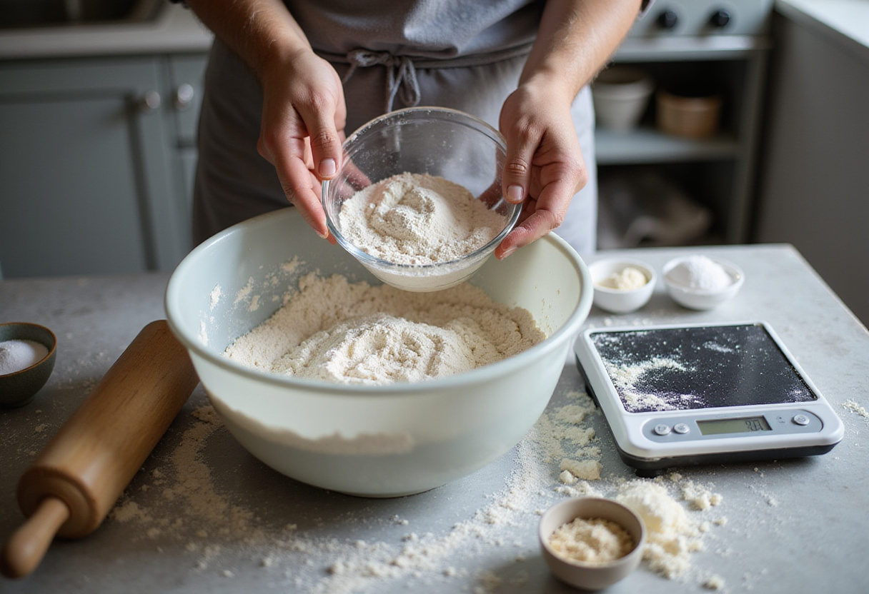 Homemade flaky croissants preparation with a chef measuring flour, showcasing ingredients like yeast and sugar for flaky texture.