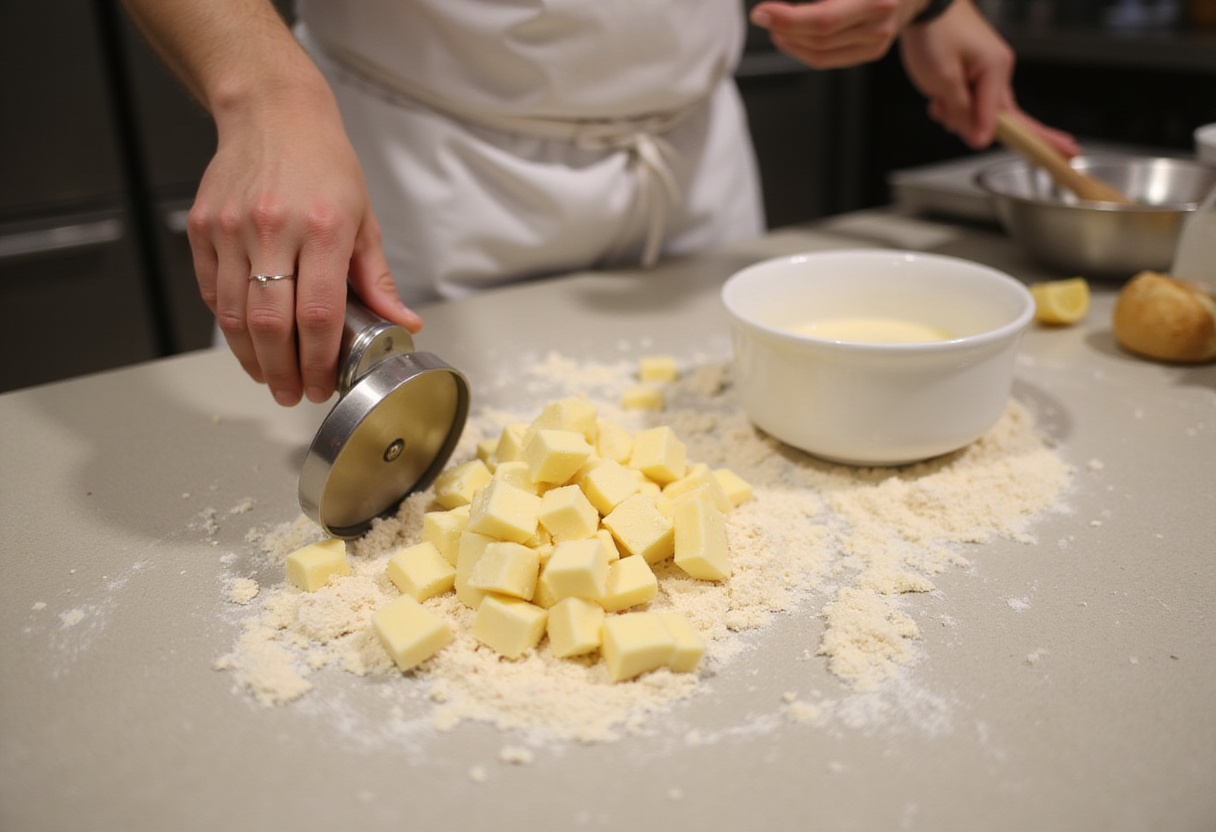Step in making flaky croissants where cold butter is added to the flour mixture, highlighting the importance of temperature for layering.