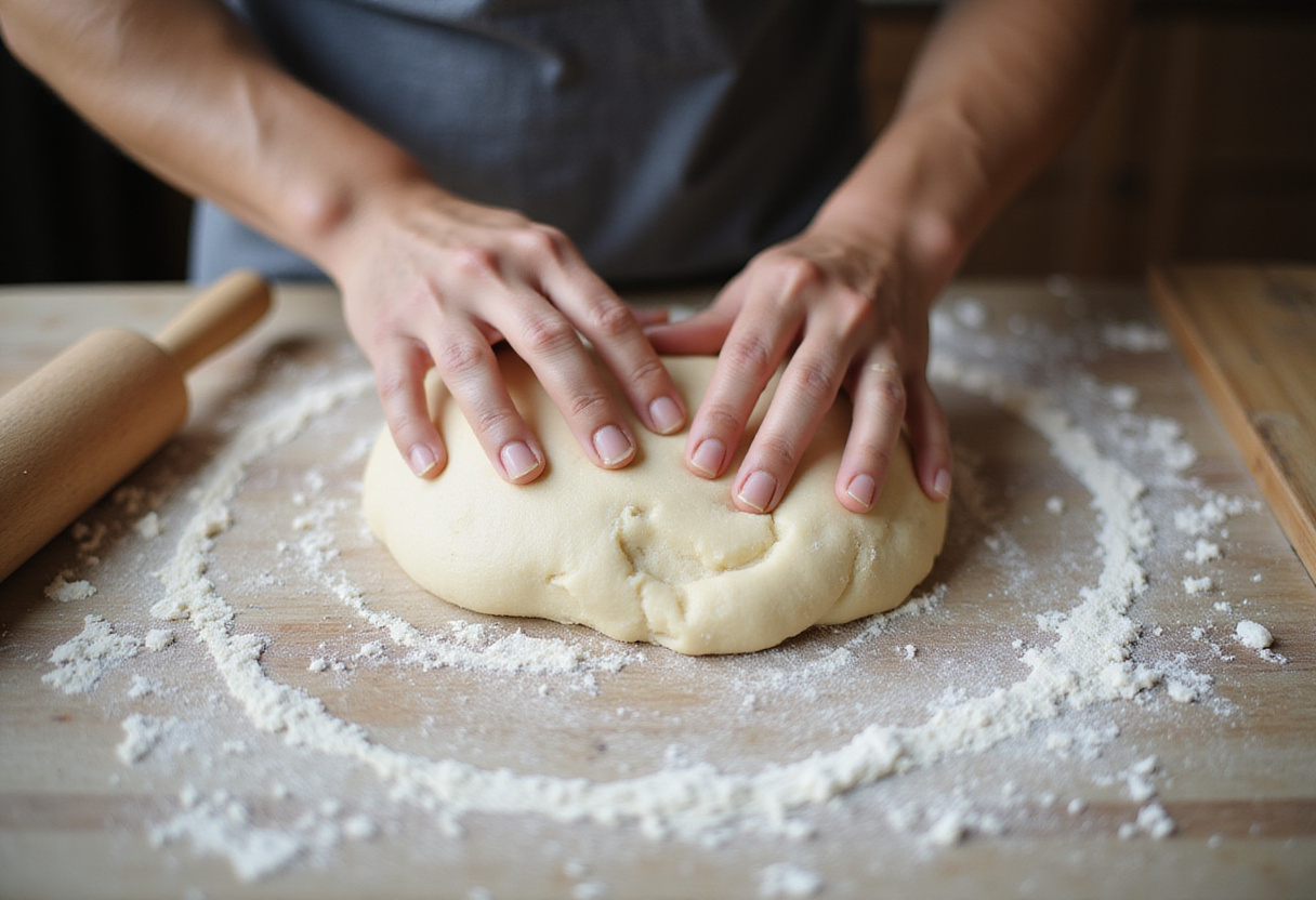 Kneading dough for homemade flaky croissants on a floured surface, emphasizing the process for achieving the right consistency.