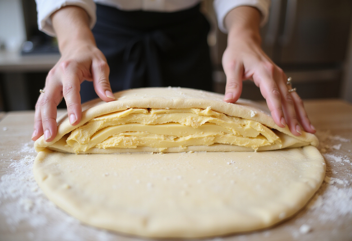 Folding and rolling for flaky croissants, focusing on the lamination technique to create layers of butter and dough for perfect texture.