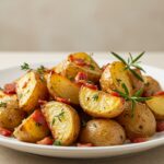Final presentation of honey bacon roasted potatoes - a delicious dish garnished with herbs, showcasing their crispy and flavorful appeal.