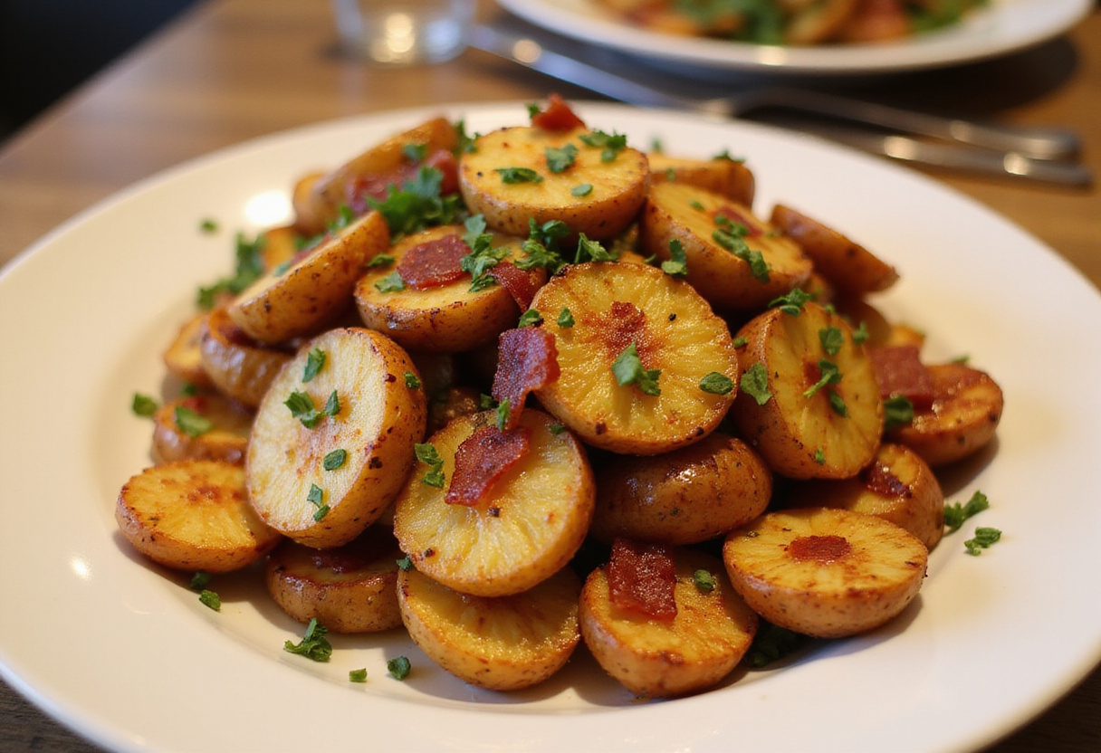 Final presentation of honey bacon roasted potatoes - a delicious dish garnished with herbs, showcasing their crispy and flavorful appeal.