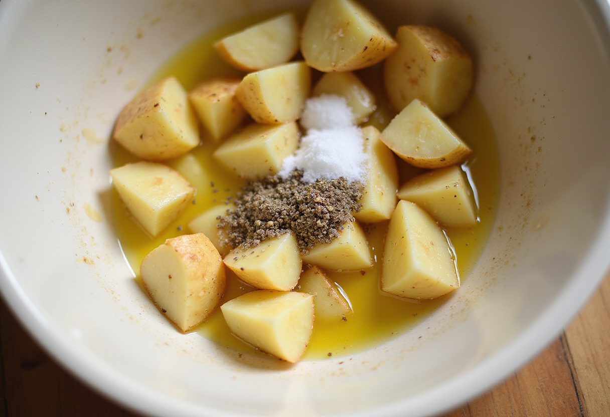 Honey bacon roasted potatoes preparation - diced potatoes tossed with olive oil, salt, and pepper for seasoning.
