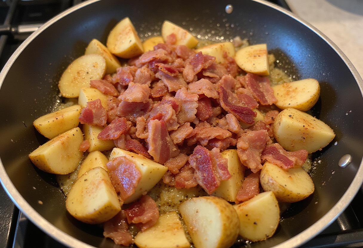 Honey bacon roasted potatoes preparation - cooked bacon mixed with seasoned potatoes adding flavor and texture.