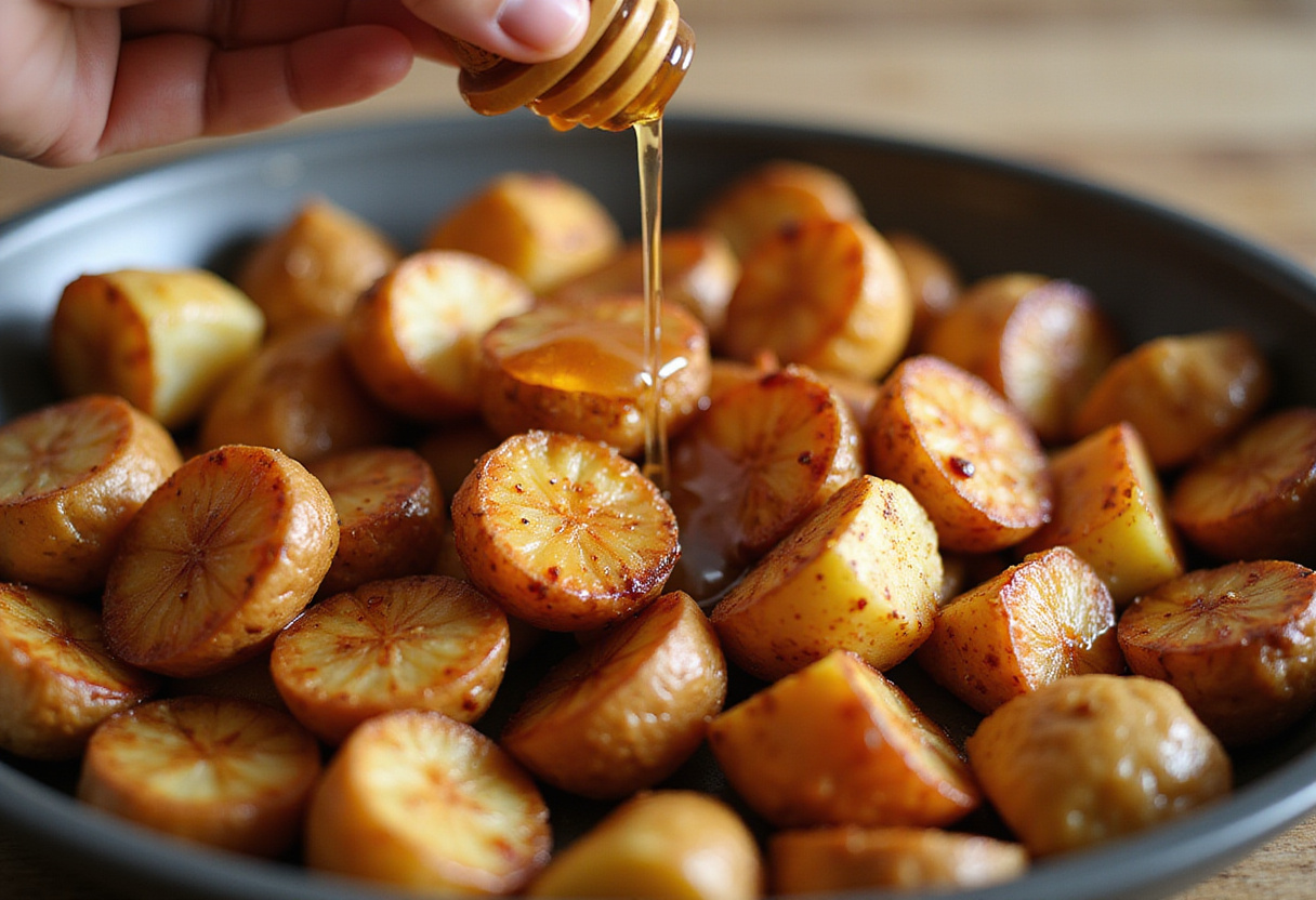 Honey bacon roasted potatoes - crispy golden potatoes drizzled with honey for a delicious finish.