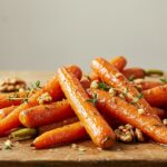 Delicious honey garlic butter roasted carrots served on a rustic table, perfect for any meal.