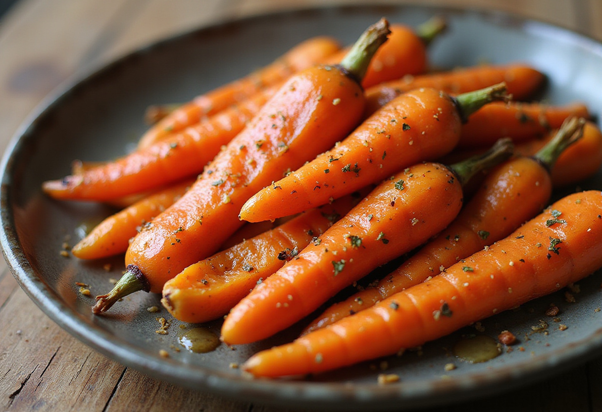Delicious honey garlic butter roasted carrots served on a rustic table, perfect for any meal.