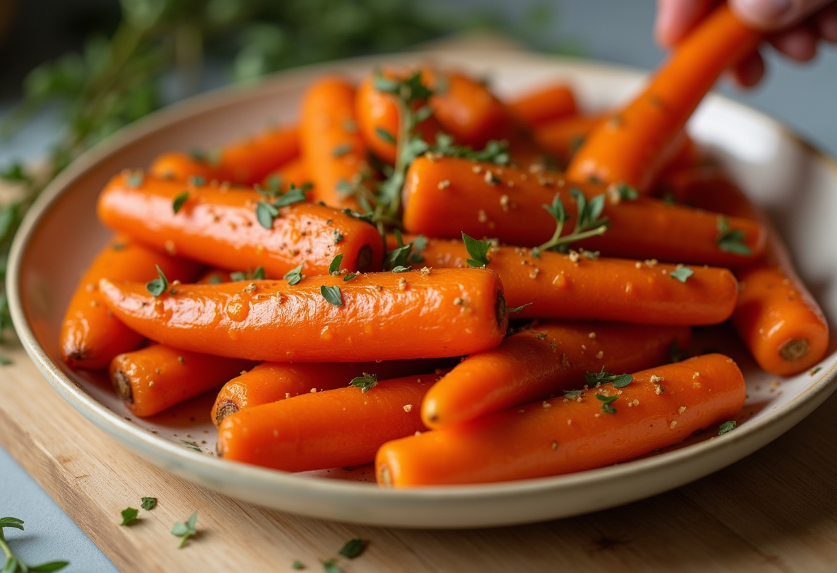 Freshly roasted honey garlic butter carrots ready to be served, showcasing their golden-brown color and garnished with herbs.