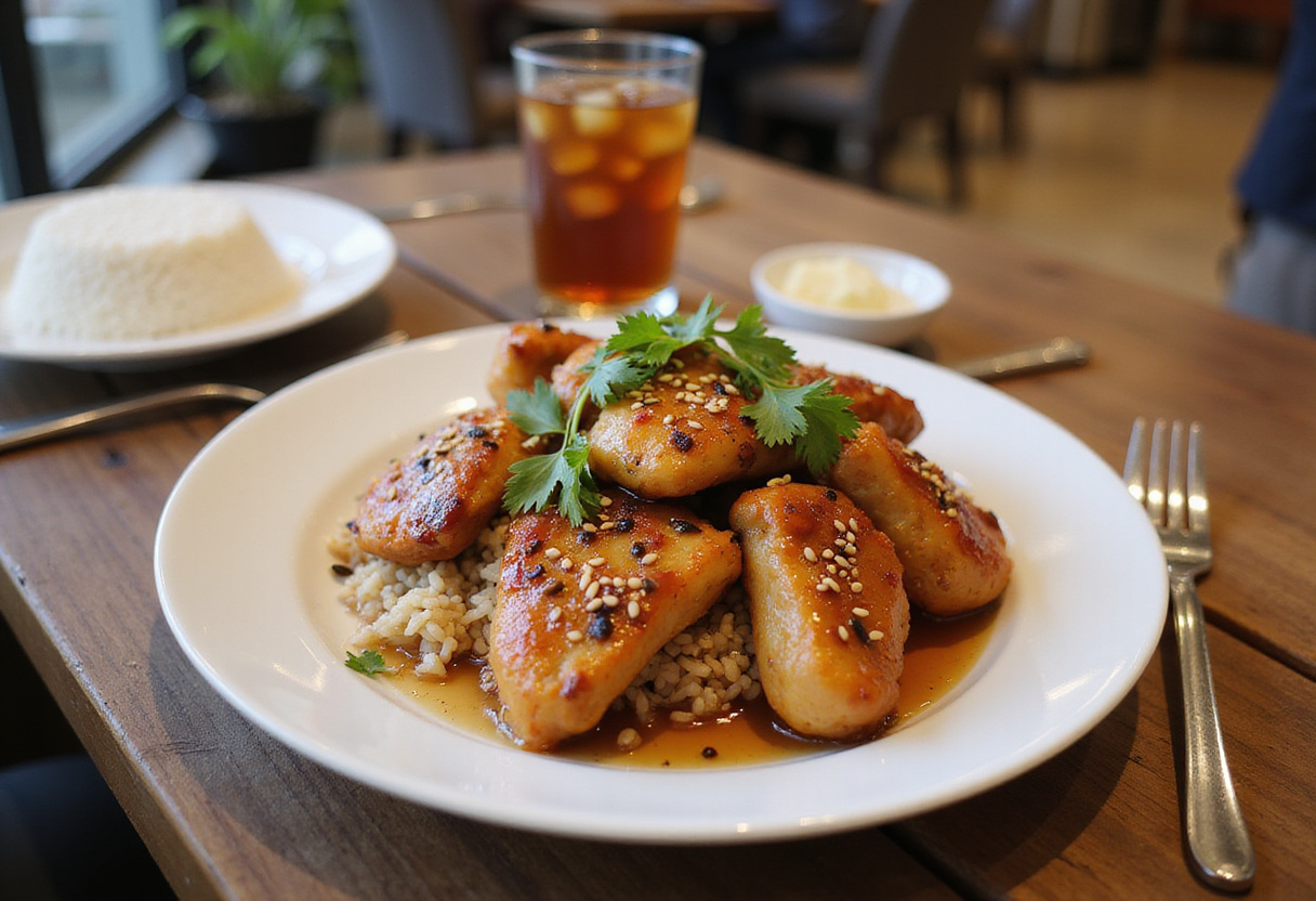 Final presentation of Honey Garlic Chicken recipe on a dining table, ready to be enjoyed, emphasizing a delicious homemade meal.