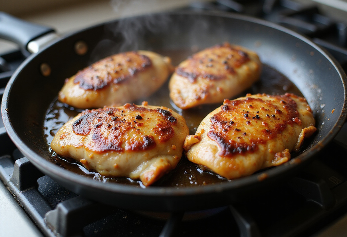 Cooking Honey Garlic Chicken in a skillet with sizzling sounds, showcasing the savory flavors of garlic and honey.