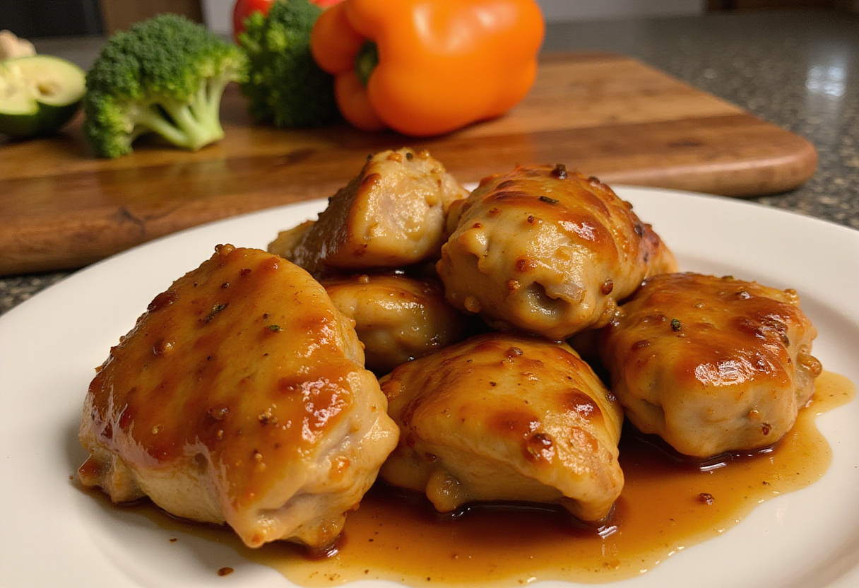 Honey Garlic Chicken being glazed with a rich sauce, including fresh vegetables for a balanced meal.