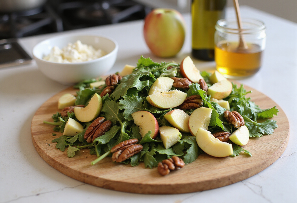 Fresh Honeycrisp apple and feta salad ingredients on a cutting board, including mixed greens and pecans, perfect for a healthy recipe.