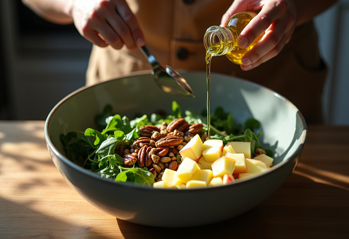 Mixing delicious Honeycrisp apple, feta, and greens in a large bowl, ideal for a vibrant and healthy salad.