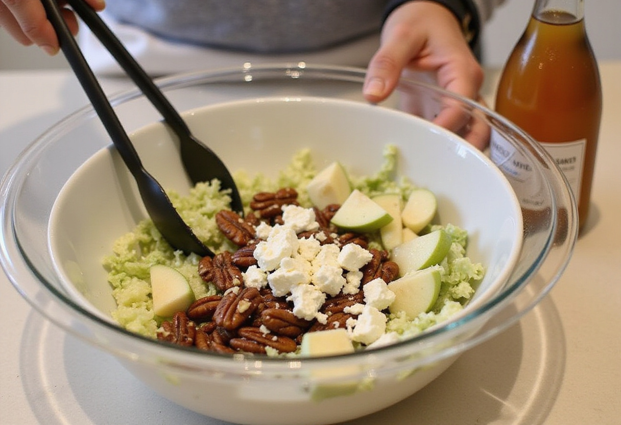 Tossing together freshly chopped Honeycrisp apples and feta cheese to create a delightful salad, showcasing healthy eating.