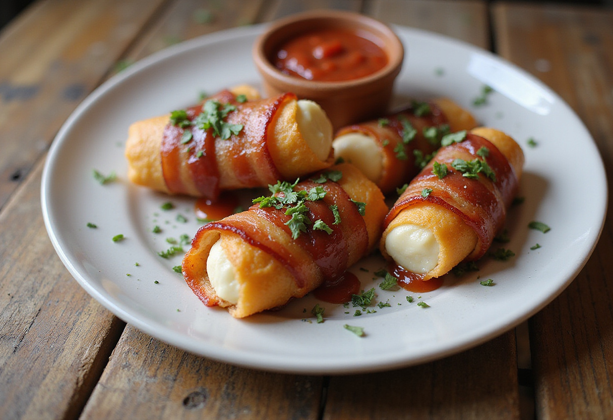 Delicious hot bacon wrapped mozzarella sticks served on a rustic plate with marinara sauce, perfect for a tasty appetizer or snack.