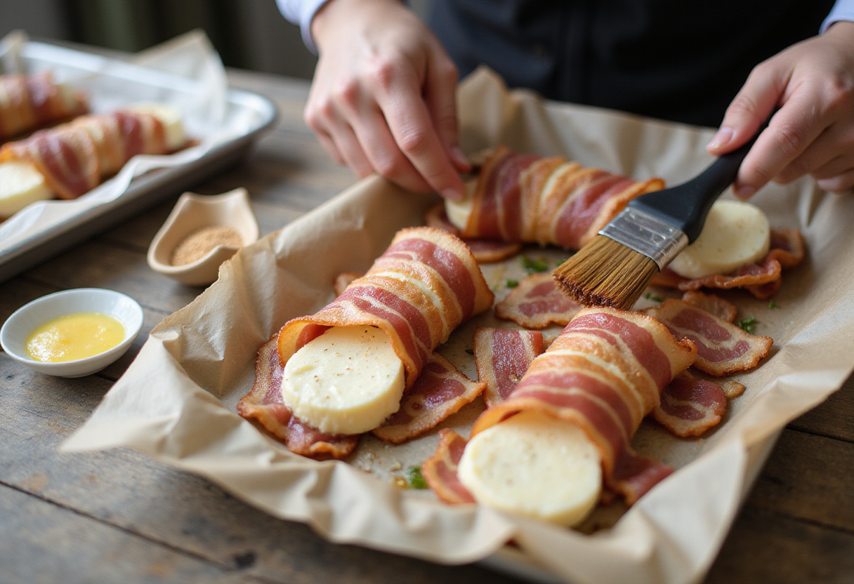 Wrapping bacon around mozzarella sticks in preparation for baking, showcasing the delicious combination of flavors for hot bacon wrapped mozzarella sticks.