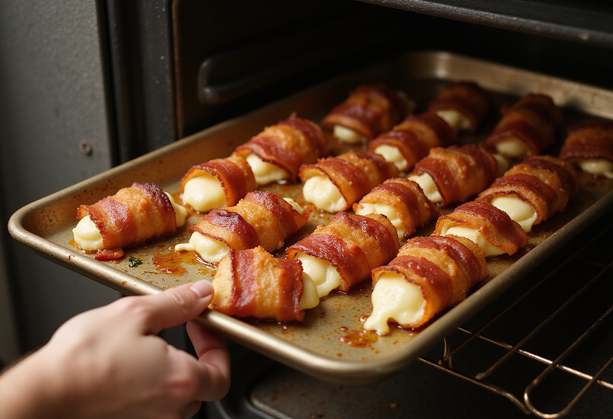 Taking hot bacon wrapped mozzarella sticks out of the oven, showcasing the crispy bacon and melty mozzarella for a delicious treat.