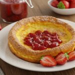 Delicious Hot Strawberry Jam Dutch Baby served with fresh strawberries and powdered sugar, perfect for breakfast or dessert.