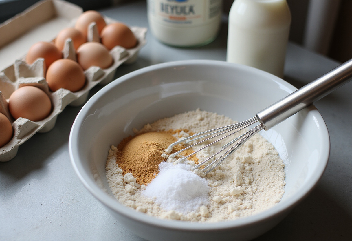 Preparing the batter for Hot Strawberry Jam Dutch Baby with flour, sugar, and milk on a kitchen counter.