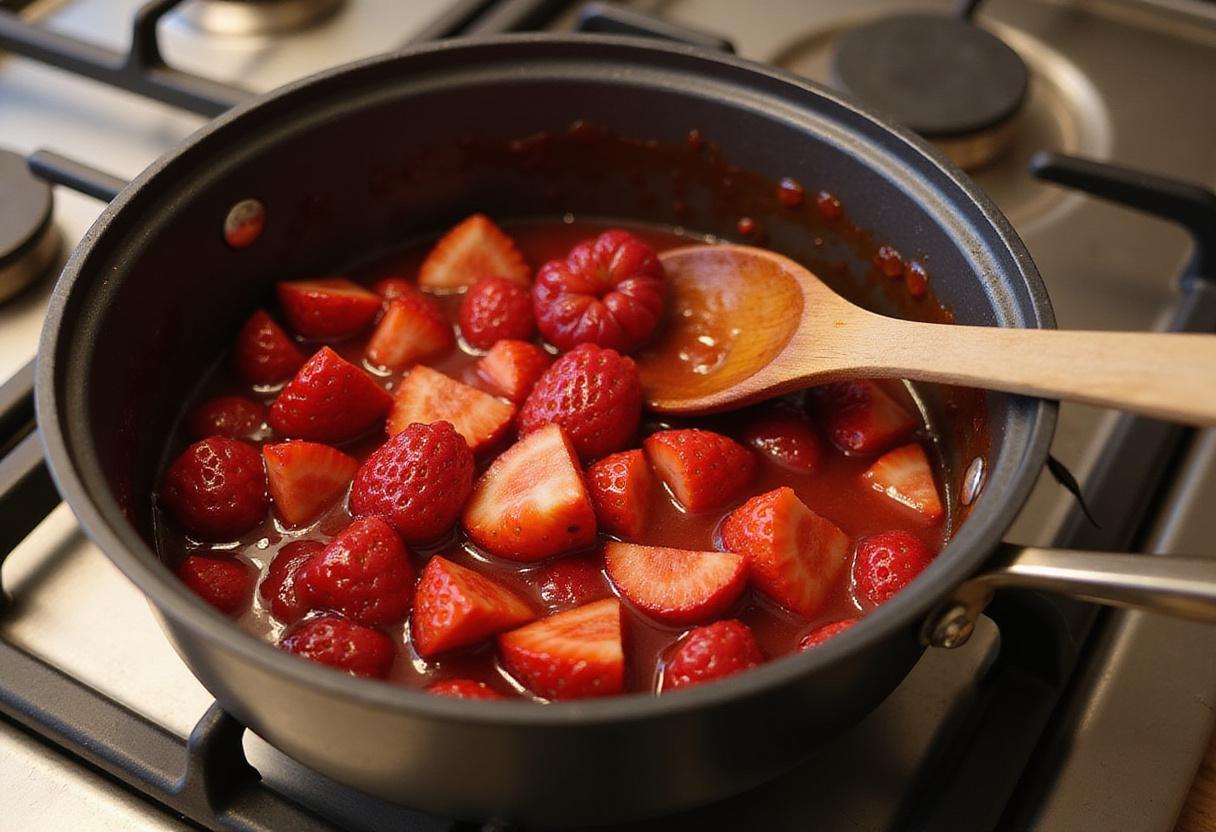 Making the hot strawberry jam for the Dutch Baby by cooking strawberries, sugar, and lemon juice on the stove.