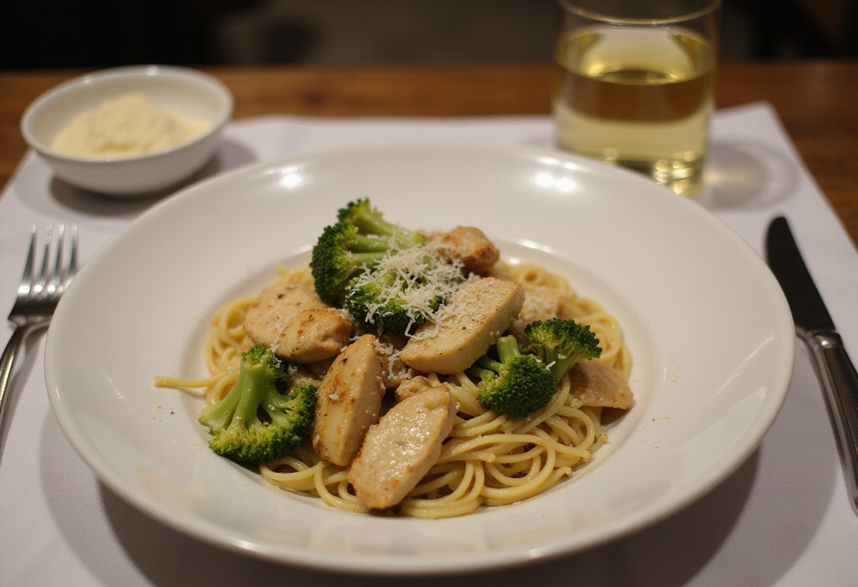 Final presentation of Chicken and Broccoli Pasta on a dinner table. Perfectly plated for an inviting meal.